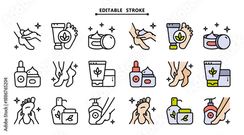 Foot Care and Hygiene Icon Set: Color Outline Symbols for Wellness Program, Health Education and Spa Treatment Visuals