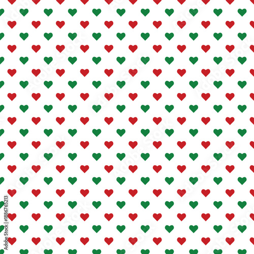 Vibrant heart pattern with red and green hearts on white background