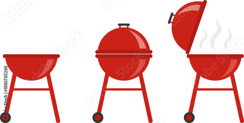BBQ grill, BBQ grill icon, set of realistic red BBQ grills. Vector, designer illustration, web banner. Vector image.