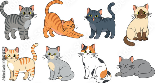 Collection of cute cartoon cats in various colors and playful poses illustration