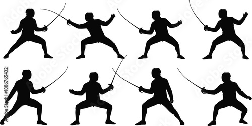 Fencing silhouettes set featuring athletes in dynamic combat poses including lunges, parries, and defensive stances with rapiers for professional sports competition and athletic design projects.