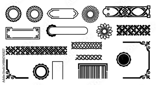 Black and white vector collection featuring text labels, celtic knot borders, vintage frames, and geometric rosettes for certificate design.