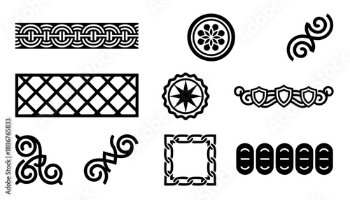 Black and white vector ornament collection with chain borders, lattice frames, geometric corners, and rosettes for certificate and diploma design.