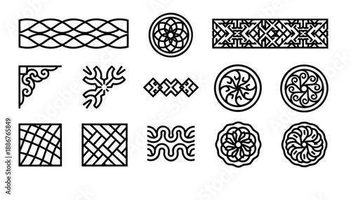 Abstract black and white vector collection featuring guilloche patterns, celtic knots, security borders and rosette mandalas for certificate designs.