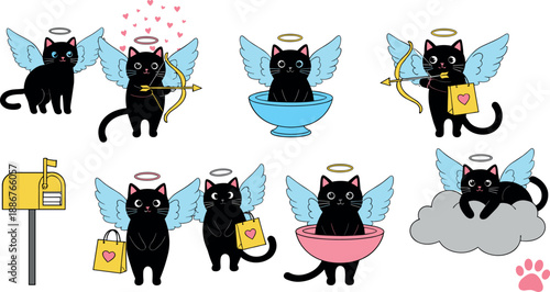 Cute black cupid angel cats with wings and bow for Valentine's Day design
