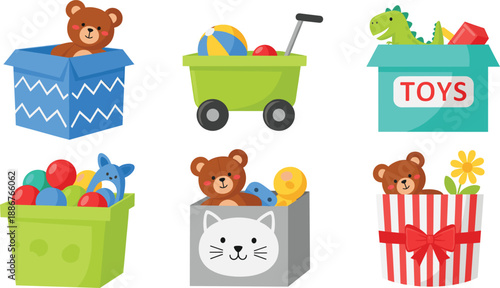 Kids toy storage box vector set with cute containers baskets and playful objects isolated