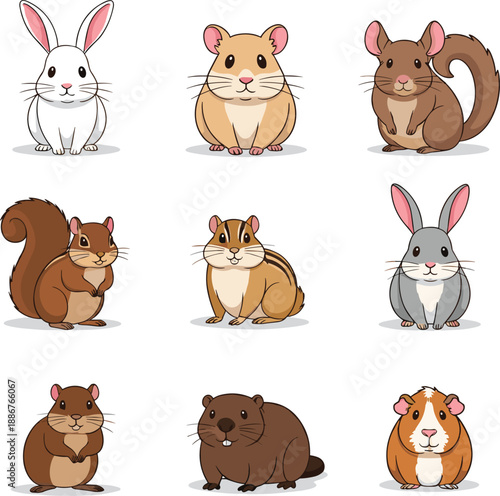 Cute small mammal cartoon character vector set with rabbit hamster squirrel and guinea pig isolated