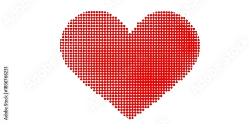 Vibrant red heart shape composed of tiny halftone dots, creating a retro digital effect on a clean white background, ideal for design ,  white,  dot