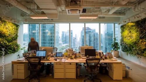 Modern office interior with workstations and outdoor cityscape view