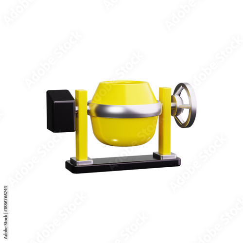 A vibrant 3D icon of a yellow concrete mixer machine, essential construction equipment for building and DIY projects, rendered on a white background