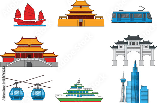 China landmarks and transportation vector set with traditional architecture modern city and travel icons