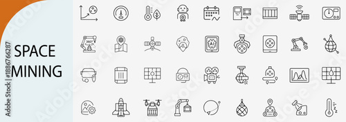 Space mining line icons set for asteroid exploration and galaxy industry