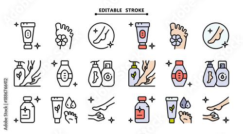 Foot Cosmetics Icon Set: Moisturizing Cream Jar, Foot Scrub Tube, Lotion Bottle and Callus Remover