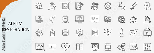 AI film restoration and video enhancement outline icon set, isolated vector.