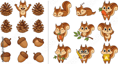 Cute cartoon squirrel character vector set with pine cones acorns poses and expressions isolated
