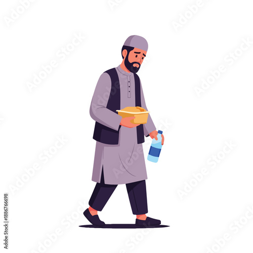 A despondent man in traditional attire walks slowly, carrying a bowl of food and a water bottle, symbolizing the quiet struggle for daily sustenance and resilience