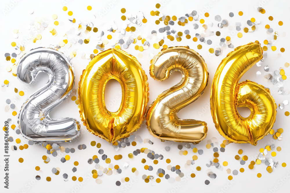 Fototapeta premium Golden and silver foil balloons spell out year 2026 for a festive celebration.