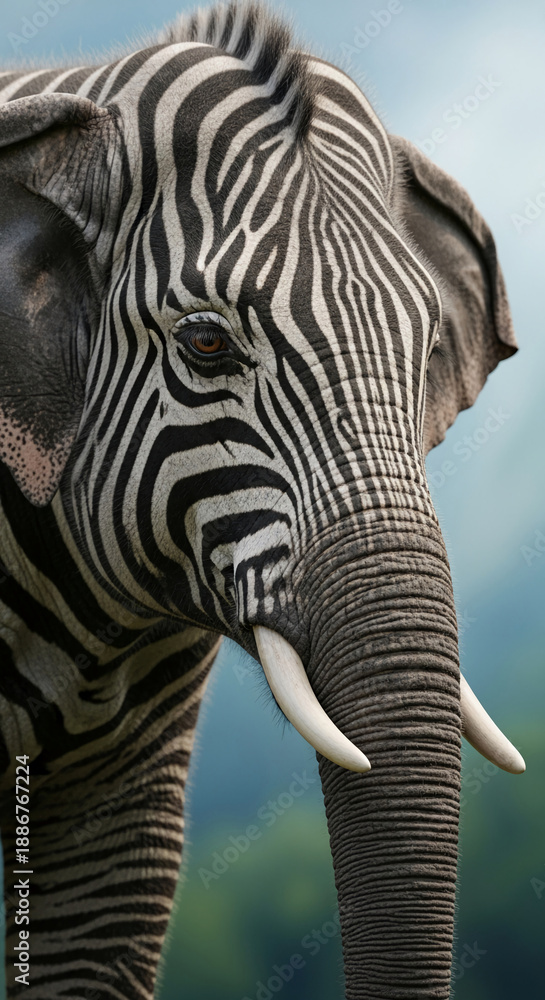 Fototapeta premium Close-up of an elephant head with zebra stripes. Concept represents genetic engineering, mutation, or the unusual, symbolizing change and creativity