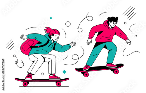 Longboard Skateboarding Vector - Pink & Teal Minimalist Illustration