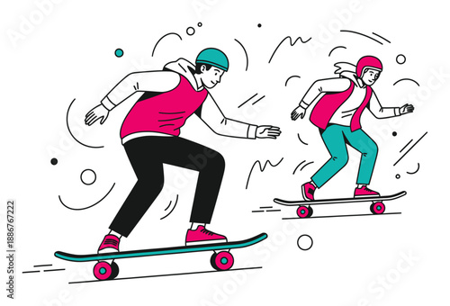 Longboard Skateboarding Vector - Pink & Teal Minimalist Illustration