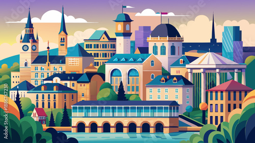 Very beautiful view of Spuerkees State Savings Bank and surrounding buildings, showcasing Luxembourg’s financial heritage through elegant architecture and refined urban composition.