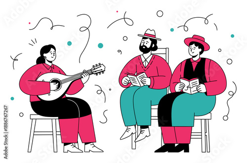 Mandolin Illustration - Folk Music, Pink & Teal Vector