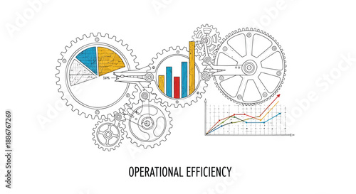 Business efficiency gears with graphs and charts for operational productivity