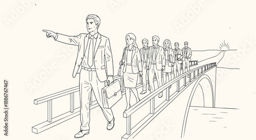 Businessman leading group of people across a bridge pointing ahead illustration