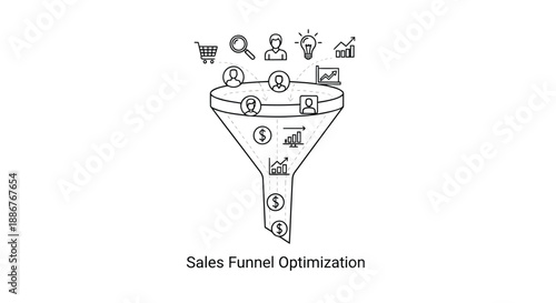 Sales funnel optimization concept with business icons and money symbols in a funnel