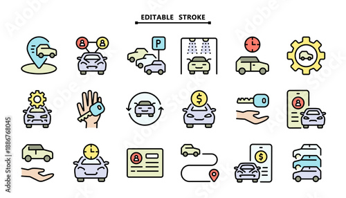 Car Sharing and Rental Service Icons: Colorful Filled Outline Symbols for Mobile Booking Apps and Urban Mobility