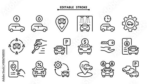 Urban Mobility Icon Set: Outline Symbols for Fleet Management System, Transport Application and Business Travel Presentation