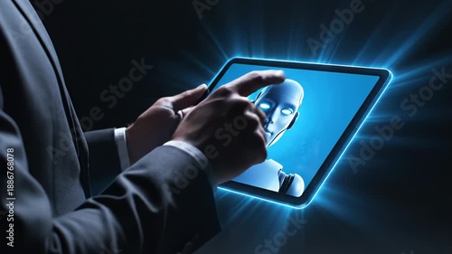 Businessman interacting with ai on a tablet with a blue glowing screen