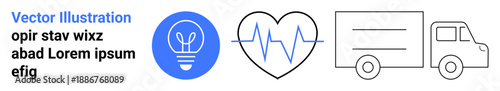Technology innovation, healthcare monitoring, logistics, delivery services, creativity solutions, business operations. Light bulb, heartbeat line and truck icons in simple design. Innovation
