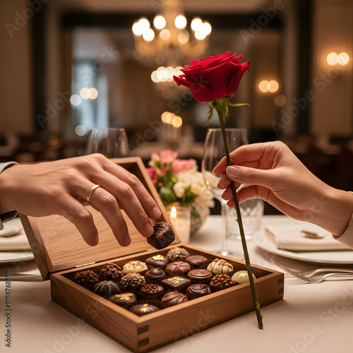 Romantic Evening: Couple Sharing Chocolates and a Rose in a Fine Dining Setting, Celebrating Love and Sweet Indulgence