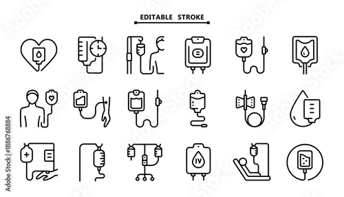 IV Equipment Icon Set: Outline Symbols for Infusion Pump, Drip Stand, Saline Bag and Intravenous Line Setup