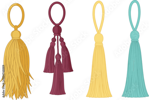 Decorative tassel ornament vector set with hanging textile fringe accessories isolated