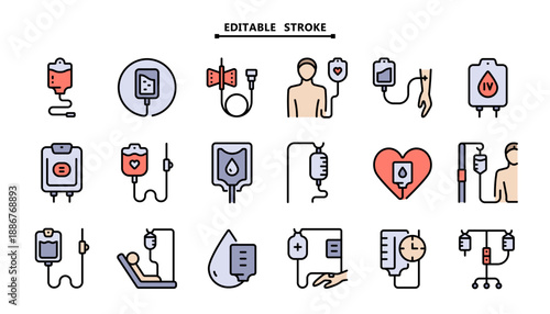 Medical Infusion Devices Icon Set: Color Flat Filled Symbols for Hospital Equipment and Treatment