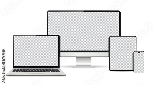 Realistic computer screen, laptop, tablet pc and smartphone mockup. Set technology devices with empty display