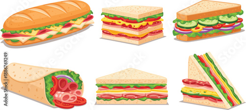 Sandwich and wrap food vector set with fresh ingredients layered fillings and bread styles