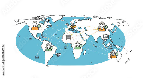 Global communication network map with diverse people connected worldwide