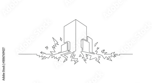 Simple line art illustration of cityscape explosion with buildings and debris on white background