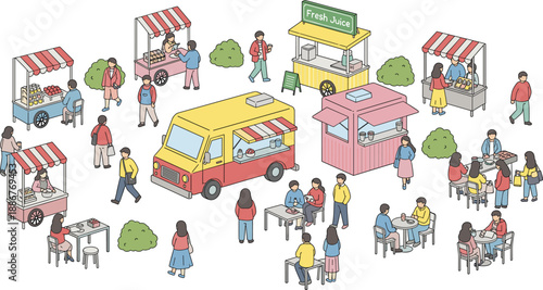 Street food market vector illustration with food trucks stalls people and outdoor dining scene
