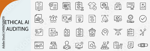 Ethical AI auditing line icons set for artificial intelligence compliance