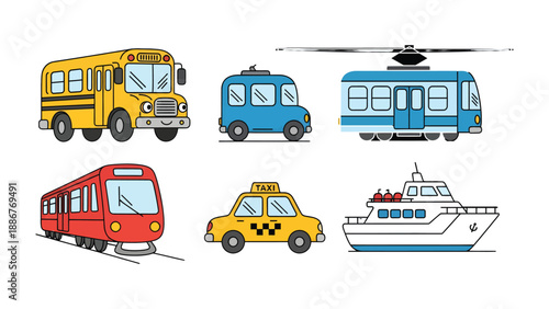 Vehicular Variety: A vibrant array of transportation modes in a colorful and animated style, showcasing the diversity of travel on land and water.
