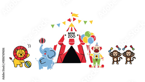 Playful Circus Extravaganza: A whimsical illustration depicts a vibrant circus scene, complete with a colorful big top tent, playful animals and cheerful characters.