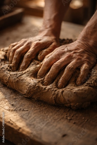 Close-up of skilled hands shaping soft clay on a wooden work surface with warm natural lighting
