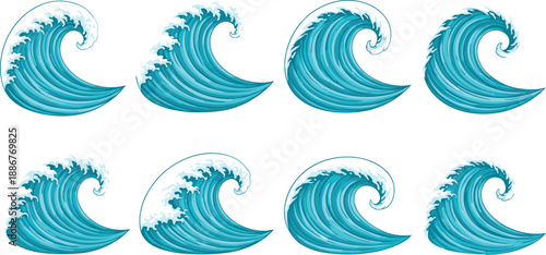 Ocean wave vector set with dynamic water splashes and sea motion isolated