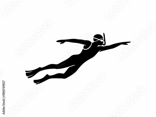 Freediver Silhouette Swimming Underwater - Snorkeling Man Vector Illustration Isolated on White
