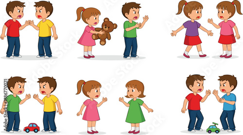 Kids arguing and fighting situations cartoon character vector set isolated on white background