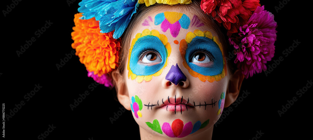 Naklejka premium Young girl with traditional Mexican painted face amid vibrant floral headpiece